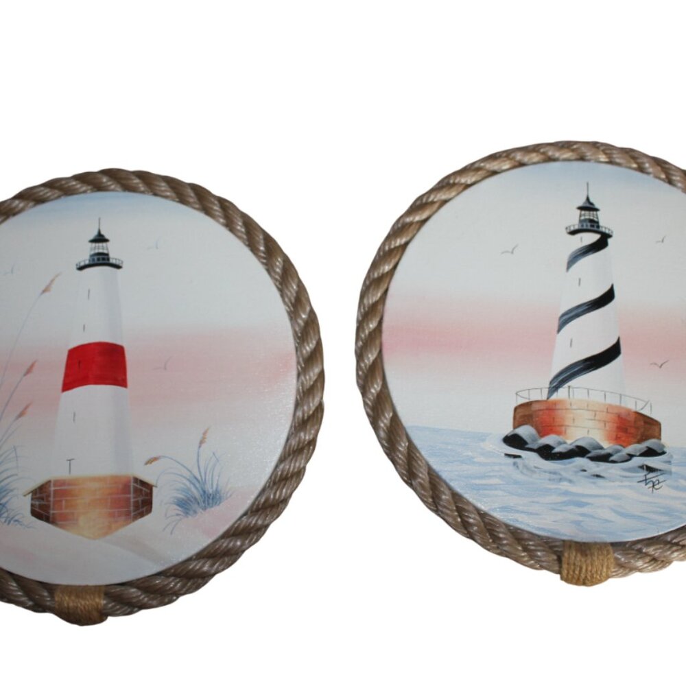Lighthouse Canvas Hand Painted Wall Art Set Hangings Round Rope Signed Beach 11"